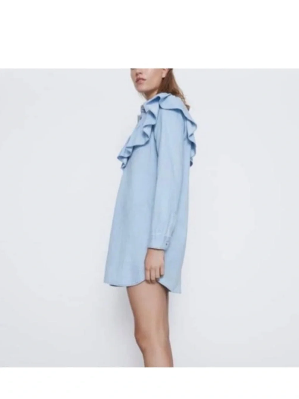 Zara Denim Button-Down Ruffle Mini Shirt Dress (Box H) - Picture 4 of 7